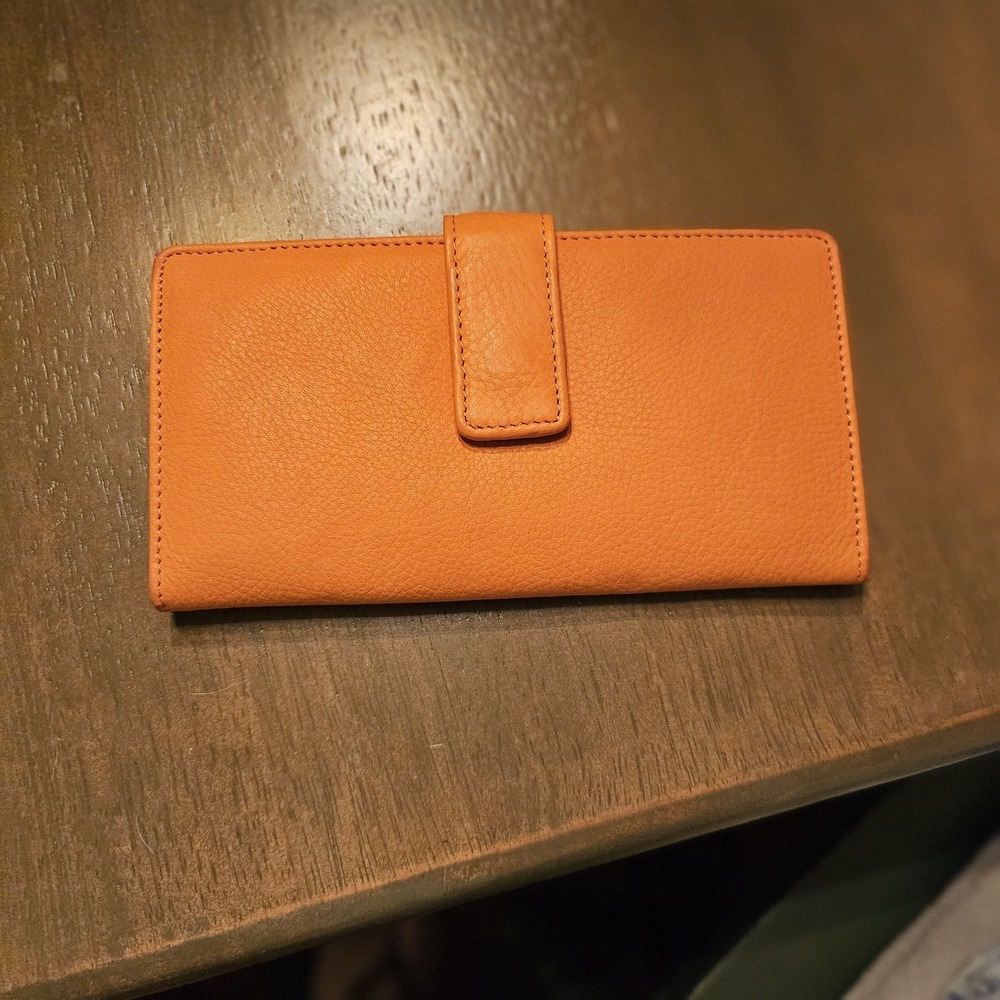 Leather Wallet, Pumpkin Color, Snap Closure. Outside Pocket With ID Window. Soft